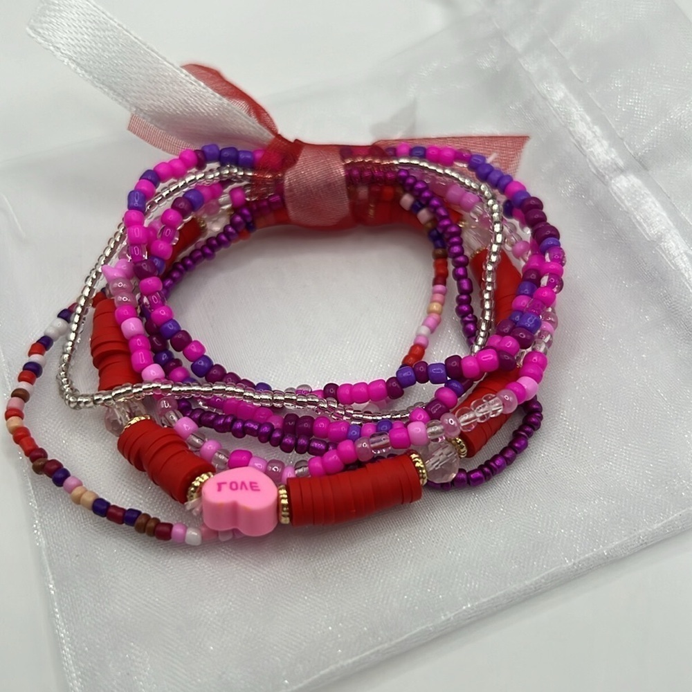 Beaded Heart Bracelet Stack Festive Stackable Jewelry